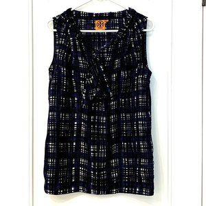 Silk Tory Burch Saffield tie front blouse dark blue basketweave 10